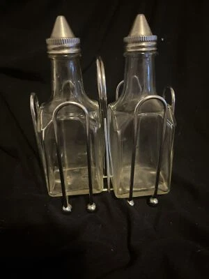 Tablecraft Glass 6 Oz Oil / Vinegar Cruet Set with S/S Tops and Rack - Image 1 of 2