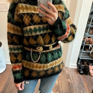 Vintage Angora Mischung Wolle Argyle schwarz grün hellbraun orange Pullover - Bild 1 von 10