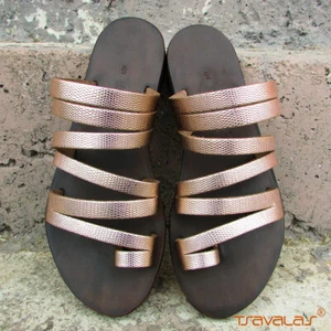 Flache Damen-Slipper-Sandalen Riemen Roségold Leder Made in Greece - Bild 1 von 4