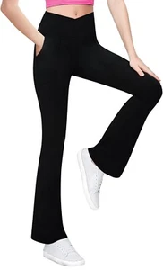 Gnainach Girls' Leggings Cross Flare Pants with Pockets Black High Waisted Pants - Picture 1 of 9