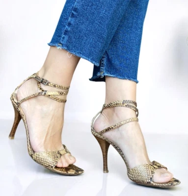 Sandalias de tacón SERGIO ROSSI beige de cuero pitón con correa al tobillo, talla 40 Foto 1 de 4