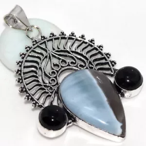 925 Silver Plated Owhyee Blue Opal Black Onyx Jewellery Pendant Size 2.5" GW - Picture 1 of 3