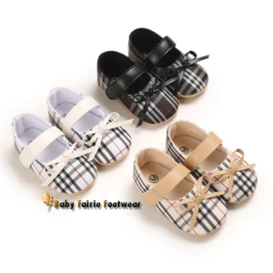 Rubber Sole Plaid Girl Newborn Infant Baby Toddler Dress Shoes Size 0-18 Months - Picture 1 of 19