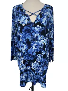 Slim Factor by Investments Tunic Top Women's XL Blue Floral Soft Strappy V-Neck - Picture 1 of 11
