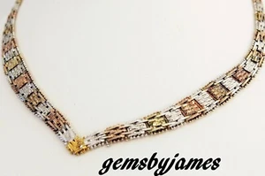 FINE RICCIO MESH Necklace CHEVRON V TRI GOLD STERLING SILVER Vtg ITALY 16" MINT! - Picture 1 of 7