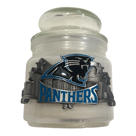 New! CAROLINA PANTHERS Apothecary Glass Candle With Lid, Metal Plaque NFL Cover