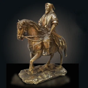 Brass Genghis Khan Riding Horse Statue Mongol Empire King Conquering Table Decor - Picture 1 of 5