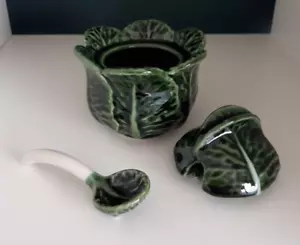 Vintage John Buck Portuguese Majolica Cabbage Leaf Lidded Condiment Pot & Spoon - Picture 1 of 7