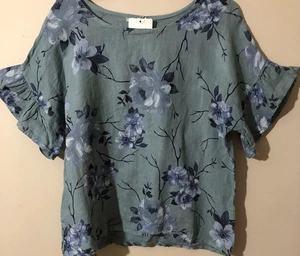 Elena Baldi 100% Linen Blouse Top Ruffle Sleeve Floral Italy Blue Agate Sz S NWT - Picture 1 of 7