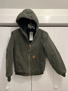 CARHARTT Sandstone Jacket Quilt Lined Hood Youth Large (10/12) YYJ130 MOS Green - Picture 1 of 10