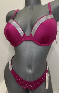 NUEVO CON ETIQUETAS Victoria's Secret Brillo Borde Natación Muy Sexy Push-Up Brasileño Conjunto Rosa 34C M - Imagen 1 de 10