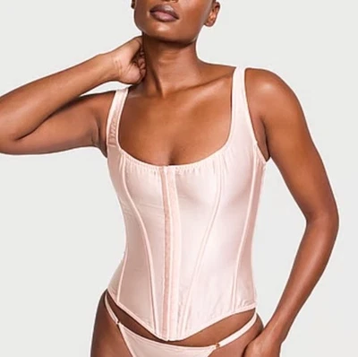 Victoria’s Secret VS Classic Lace-up Corset Top & Panty Set Pink Silk XL NWT - Image 1 of 4