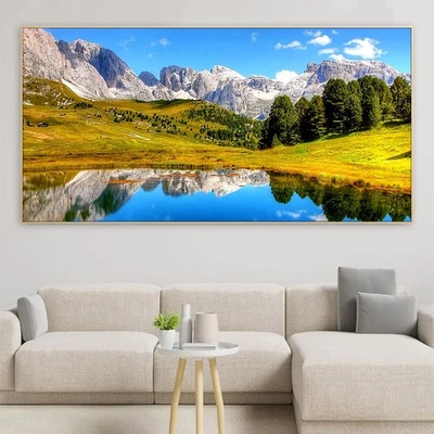Nature Landscape Canvas Painting Mountains Forest Lake Picture Wall Art Poster - Image 1 of 4