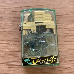 Vintage Marlboro Clear Lighter/ Tenerife Canaries - Green - Picture 1 of 9