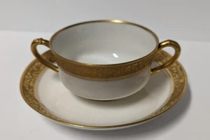 HAVILAND FRANCIA PRIMI 1900 INTASTATO ORO RARO 996E BOLILLON COPPET & PIATTINO - Foto 1 di 5