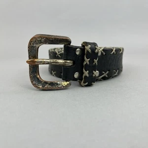 Cintura jeans vintage pelle nera fibbia boho hippie Y2K taglia S lunghezza lunga 37" - Foto 1 di 14