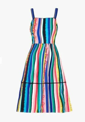 Yumi UK 14 Rainbow Stripe Square Neck Cotton Party Summer Fit And Flared Dress - Image 1 of 4