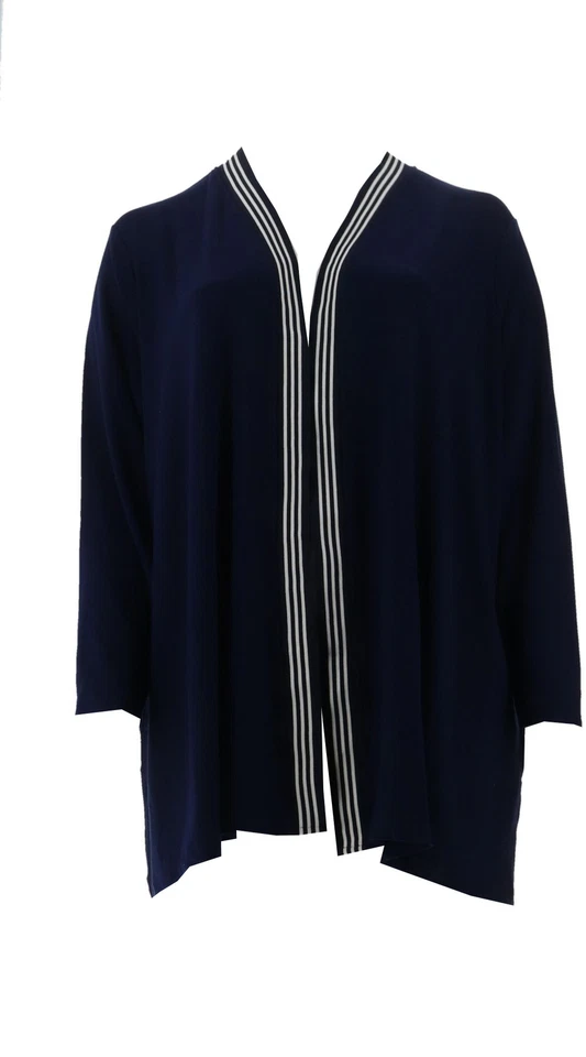 Cárdigan tejido Dennis Basso entrelazado ribete a rayas azul marino 1X nuevo sin etiquetas (538) Foto 1 de 1