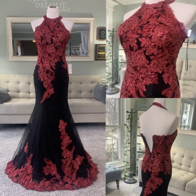 Black Gothic Mermaid Wedding Dresses Burgundy Lace Applique Bridal Gowns Train - Image 1 of 4