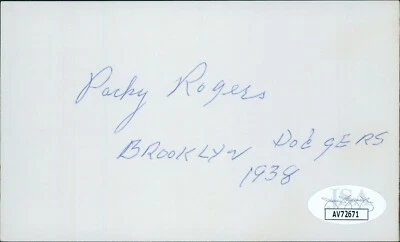Packy Rogers Brooklyn Dodgers Signed 3x5 Index Card JSA Authenticated - Image 1 of 2