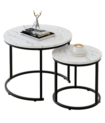 Round Nesting Coffee Table Set of 2 Faux Marble Top with Black Steel Frame - Image 1 of 4