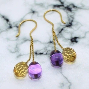 Natural Citrine Amethyst Briolette Dangle Drop 10k Yellow Gold Fine Earrings - Picture 1 of 2