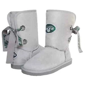 New York Jets NIB CUCE Boots Suede Grey Bow Boots NFL Rhinestone Size 6 - Picture 1 of 2