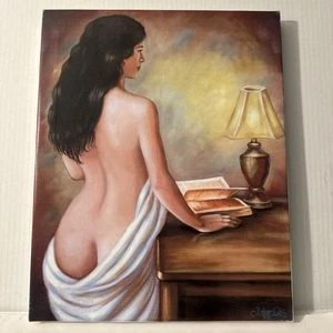 Bohorquez Akt Leinwandbild Frau liest mit Lampe - sinnliche Kunst 15x12 - Bild 1 von 8