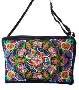 Bolso Bandolera Bolso Bandolera Lona Negro Bordado Brillante 3 Compartimentos Profundos NUEVO - Imagen 1 de 7