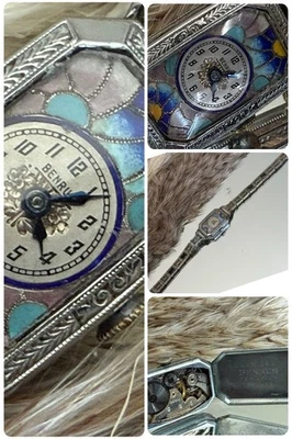 Reloj Benrus con esfera cloisonné Art Deco para damas de 1930 ~ correa de filigrana de zafiro Foto 1 de 4