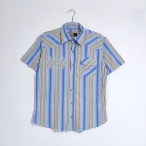 Camisa De Colección Para Hombre M Azul Beige Rayas Manga Corta Western Retro Verano Informal - Imagen 1 de 8