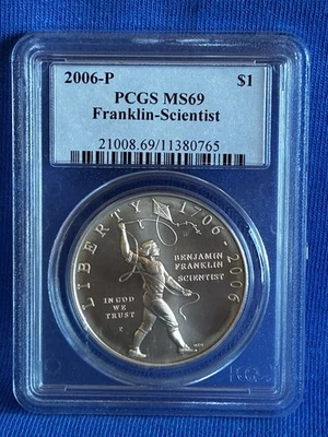 2006 P Ben Franklin Scientist Commemorative Silver Dollar PCGS MS69 - Image 1 of 4