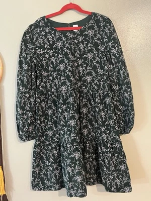 Gap Micro Corduroy Floral Green Girls Dress Tiered Fell Long Sleeves 12  New - Image 1 of 4