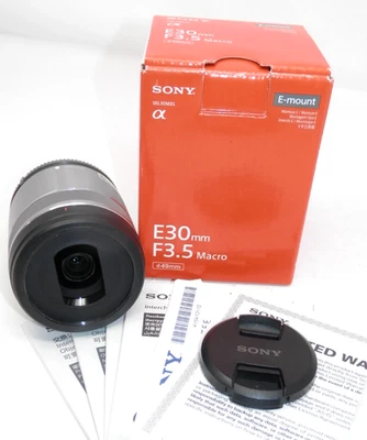 Sony E 30mm f/3.5 SEL30M35 E-Mount Macro Lens Silver w/Caps & Hood in Box  EUC - Image 1 of 4
