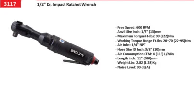 Selta Taiwan 1/2" Dr. Ratchet Air Torque Wrench 90ft.lbs/122Nm 280mmL 600RPM  - image 1 of 4