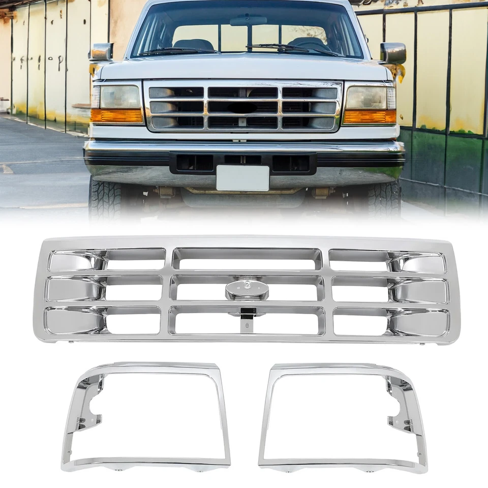 Front Grille W/ Headlight Bezel Kit For Ford F150 F250 F350 Bronco 1992-1997 - Image 1 of 4