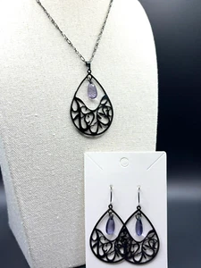 Cookie Lee Teardrop Pendant Purple Charm Gunmetal Tone Necklace And Earrings Set - Picture 1 of 19