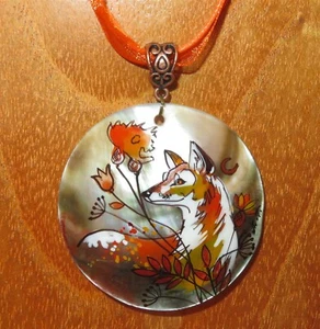 Cute GINGER FOX in the Wind pendant hand painted genuine SHELL signed TITOVA ART - Picture 1 of 10