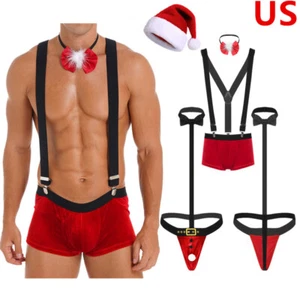 Hombres Una Pieza Disfraz de Papá Noel Navidad Camarero Esmoquin Ropa Interior Tanga Correa - Imagen 1 de 1