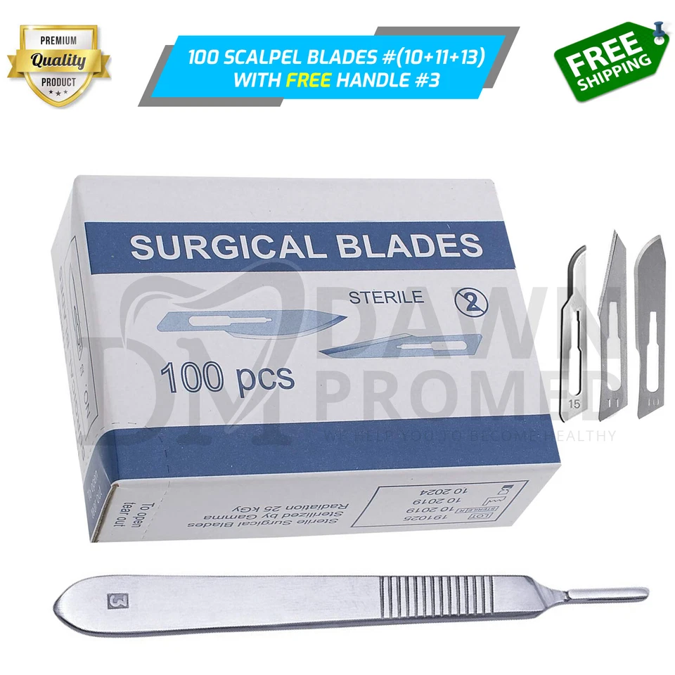 DAWNPROMED 100 Sterile Surgical Blades #10+ #11+ #15 FREE BP Scalpel Handle #3 German Grade