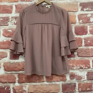 Monteau Top Womens Medium Dusty Pink Ruffle Casual Work Tiered Sleeve Shirt - Picture 1 of 8