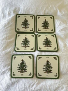 Pimpernel | Set Of 6 | Spode Christmas Tree Coasters Green Trim Cork Backing - Picture 1 of 4