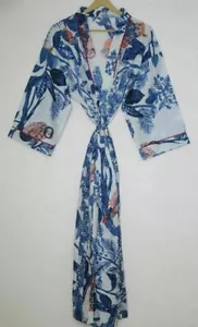 Indian Cotton Maxi Gown White Owl Print Long Kimono Robe Night Robes Sleepwear - Picture 1 of 4