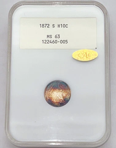 1872-S H10C NGC White Label MS63 Gold CAC Seated Half Dime PQ Toning 460005 Cover