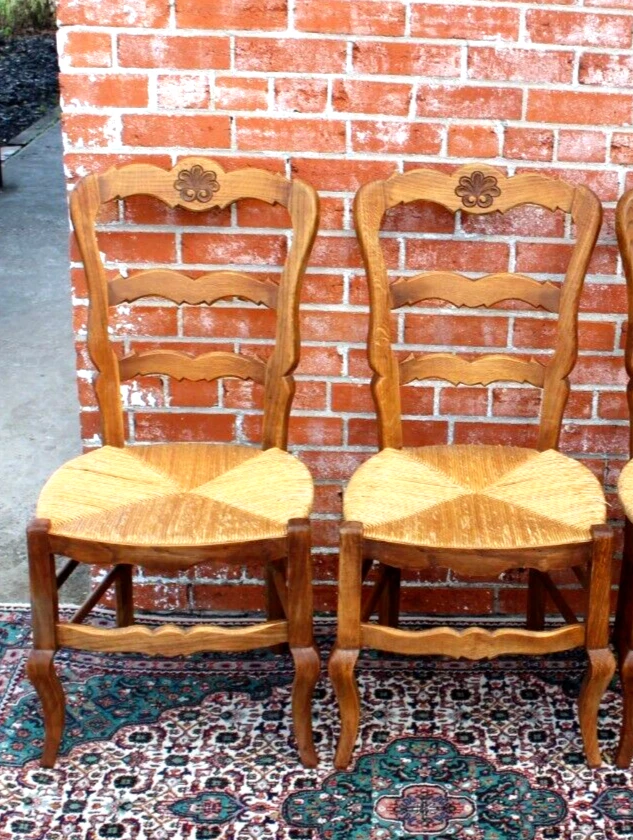 Set of 2 French Louis XV Antique Oak Dining Chairs with Rush Seats - Image 1 of 3