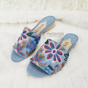 Mac J Denim Planos Sin Cordones Mulas Zueco Zapatillas Bordadas Flor Zapatos Eléctricos - Imagen 1 de 10