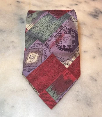 Structure 100% Cotton Handmade Geometric Patchwork Motif Purple Green Red Tie - Image 1 of 4