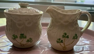 Vintage Belleck Basketweave Shamrock Sugar and Creamer Set of 2 Made in Ireland - Picture 1 of 5