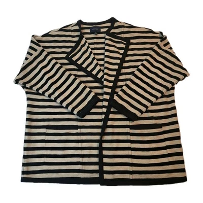 Land's End Open Front Cardigan Sweater Black Beige Stripe Lapel Pockets Size 2X - Image 1 of 4