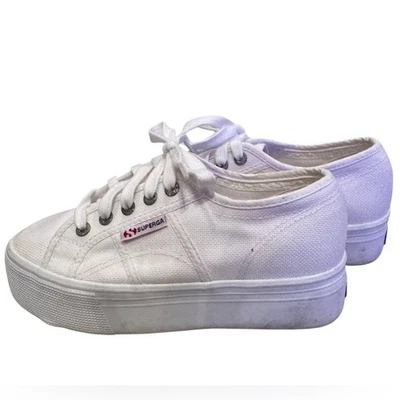 Superga White Napa Platform Sneaker Shoe Canvas Rubber Sole Laces Sz 6 - Image 1 of 4